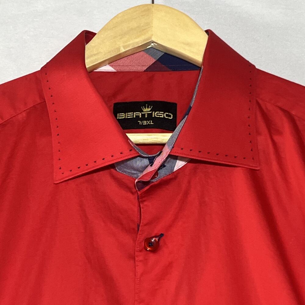 Bertigo Mens Collared Button Up Dress Shirt Size 3XL Red Plaid Flip Cuffs Cotton - Picture 6 of 16